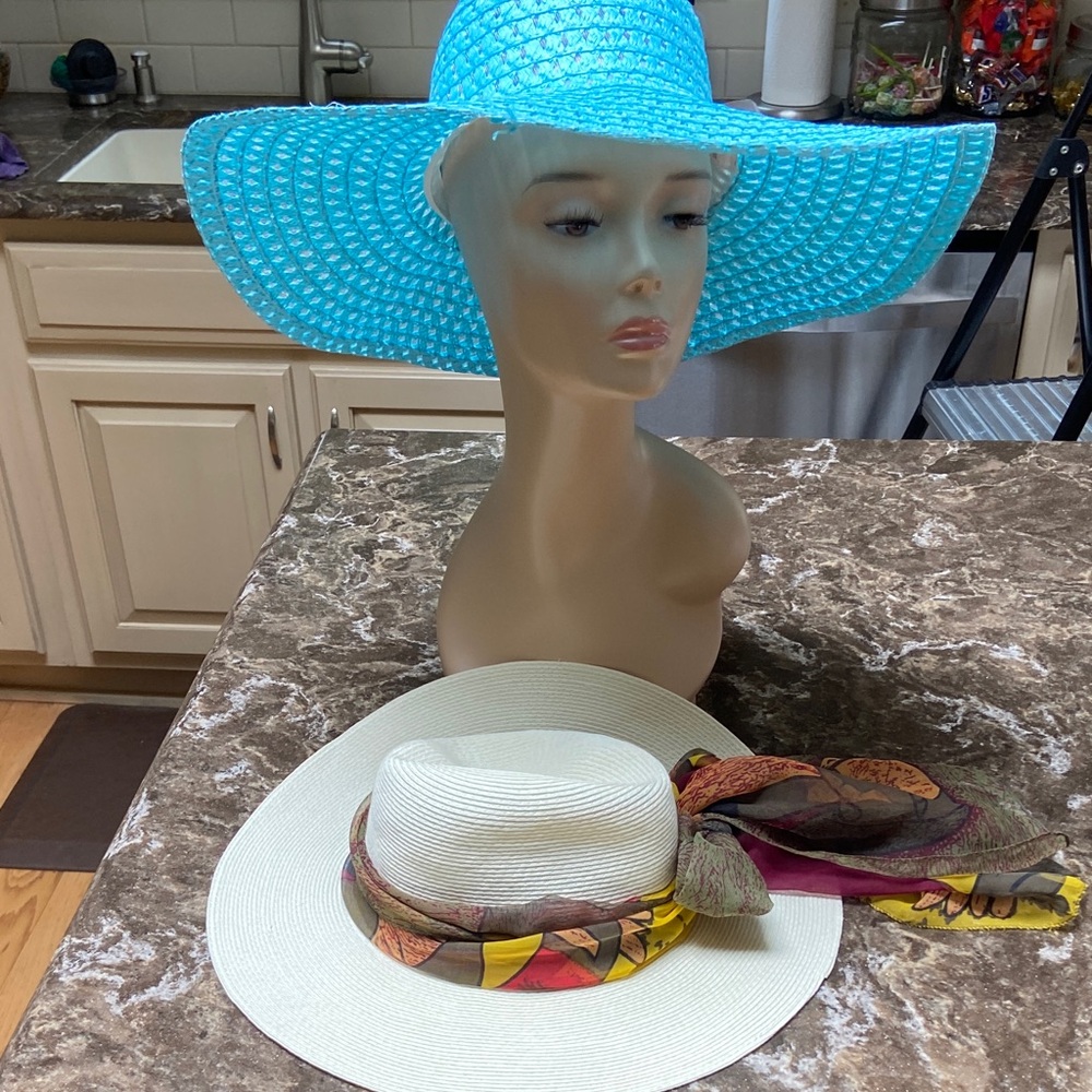 Stylish White Hat with Colorful Scarf and aqua